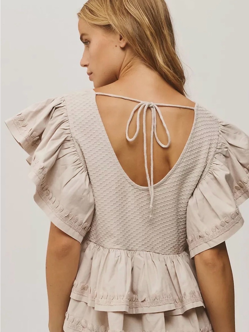 By Anthropologie Beige Ruffle-Sleeve Tie-Back Top - M
